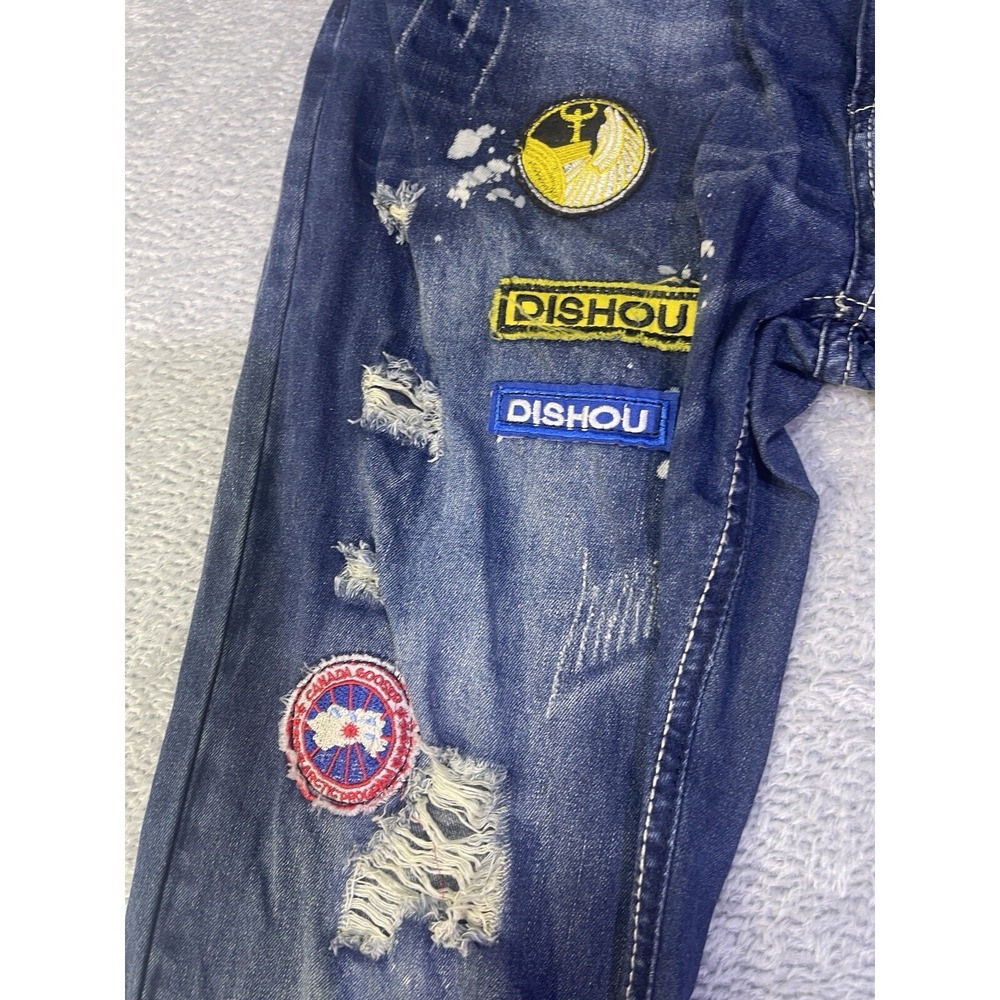 Dishou Jeans Men's 33X28 (Tag 36) Distressed Patched Splatter‎ Ripped Slim Blue - Picture 6 of 16